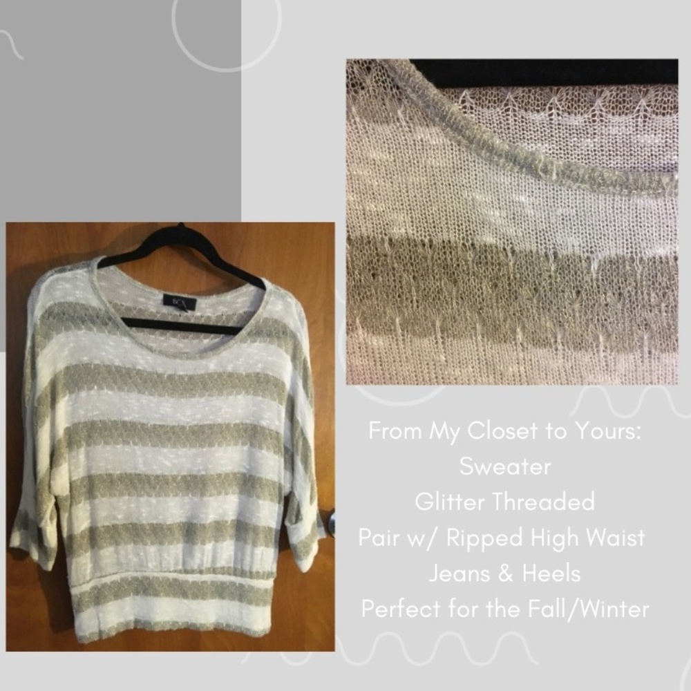 Grey and White Striped Glitter Thread Sweater